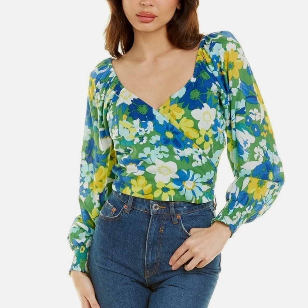 Walter Baker Green Disco Floral Kimora Crop Top Off Shoulder Size Medium - Picture 2 of 12